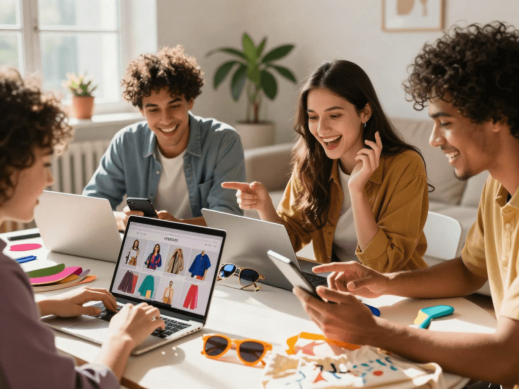 Friends joyfully browsing fashion items online, exploring trends with bro138.