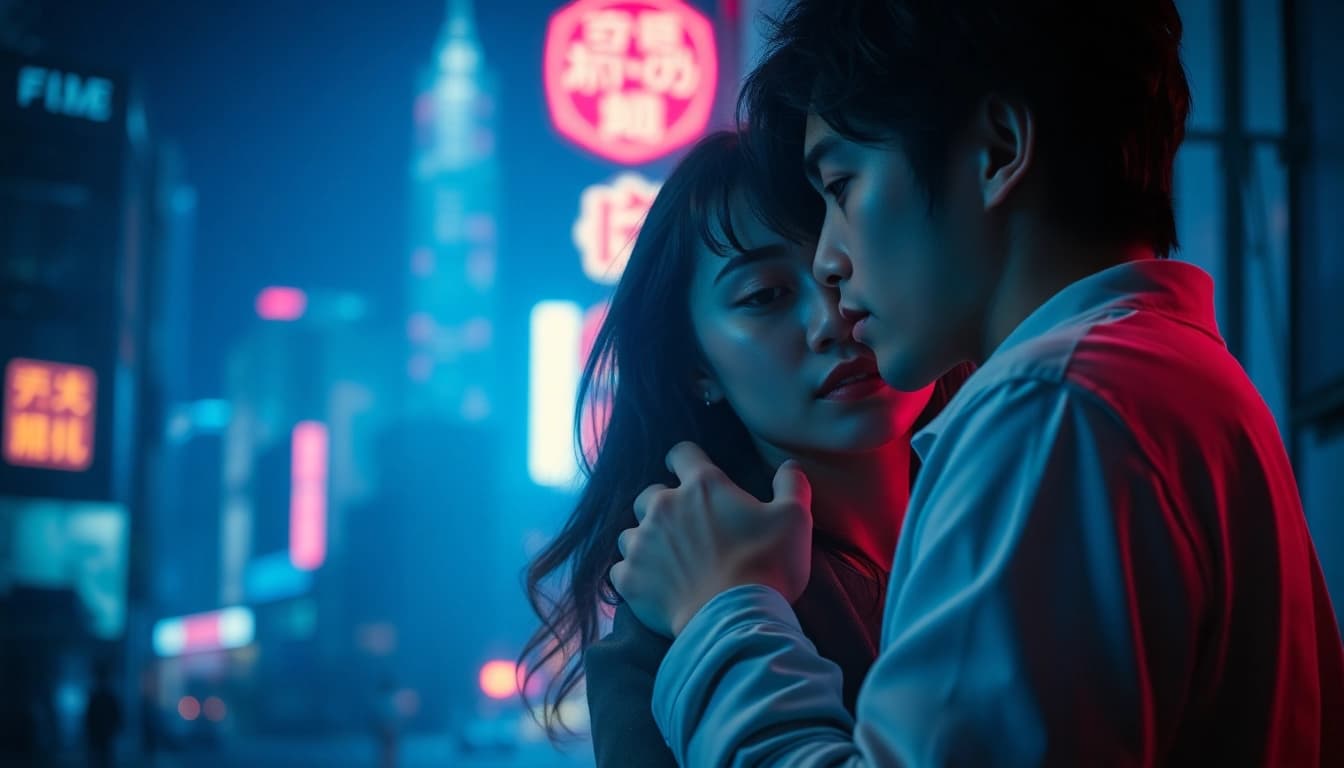 Menampilkan karakter utama film semi jepang dalam momen dramatis di latar belakang kota yang diterangi lampu neon.