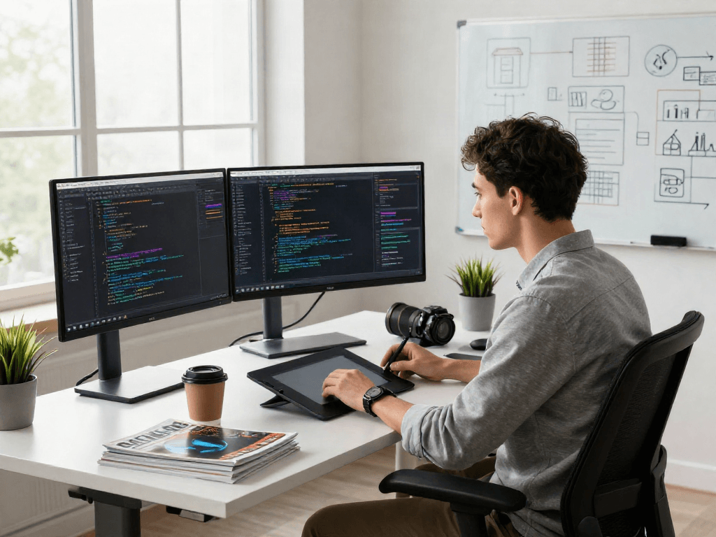 Developer berfokus pada SGA33 dengan perangkat keras canggih di ruang kerja modern.
