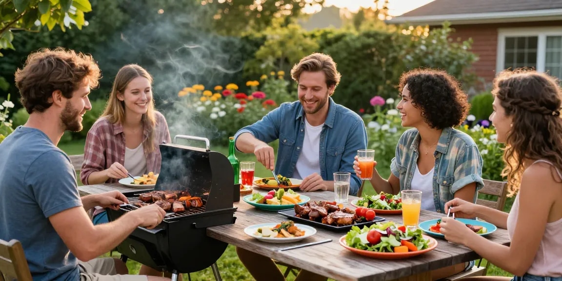 Suasana BBQ di halaman belakang dengan makanan dan orang-orang, BOS 88 di pesta.