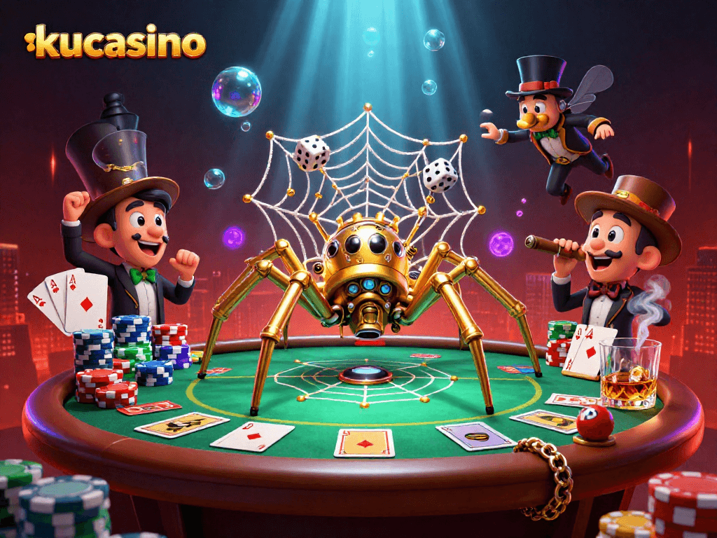 Experience the thrill of kucasino with a vibrant 3D steampunk scene featuring poker action and golden chains.