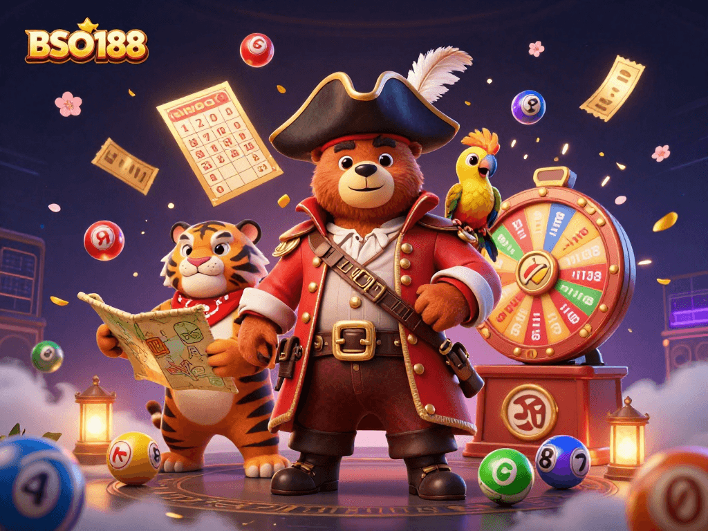 Engage in vibrant lottery excitement with BSO188's 3D pirate-themed adventure illustration.