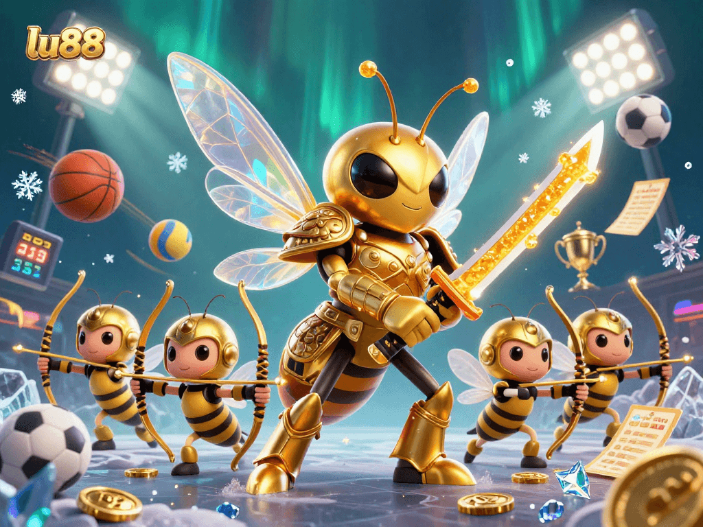 lu88 brings excitement as a golden hornet battles with bee archers amidst dynamic sports elements.