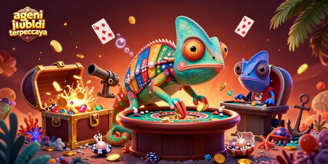 Experience the vibrant gaming scene with agen judi bola terpercaya showcasing a dynamic chameleon casino owner.