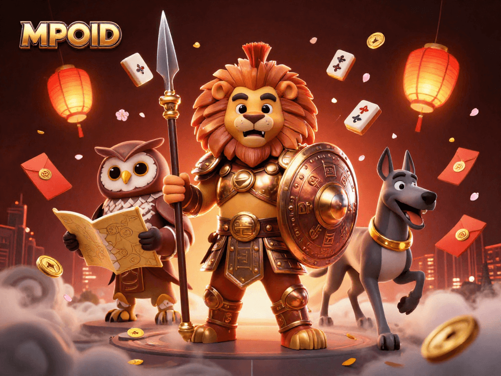 MPOID offers blazing excitement with a dynamic 3D casino illustration featuring vibrant characters and symbols.