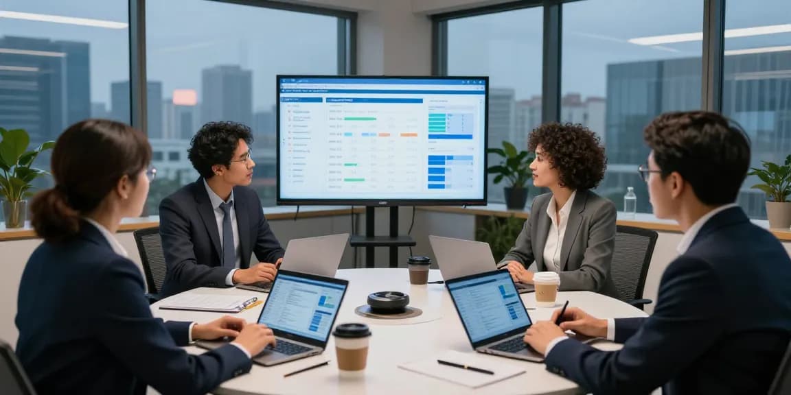 Tim profesional berdiskusi tentang UE99 dalam suasana modern.