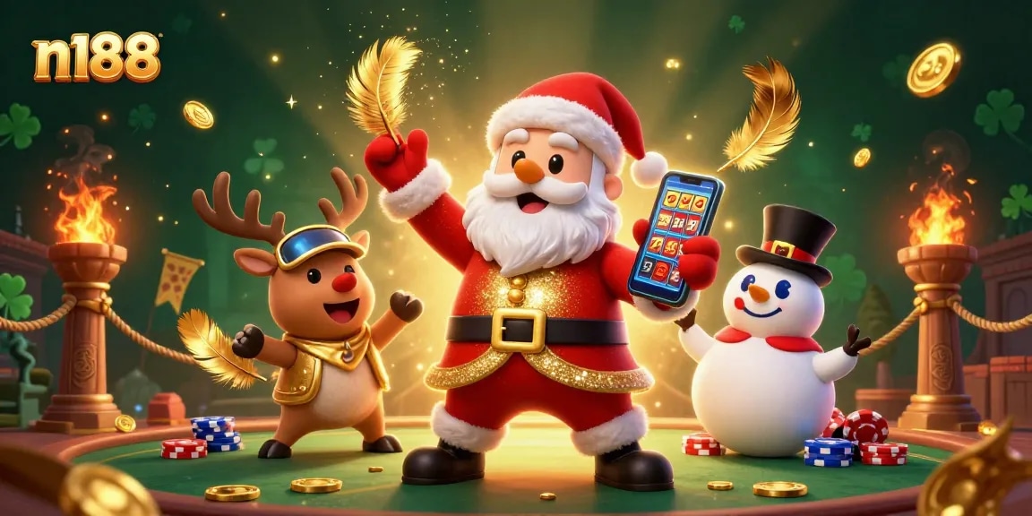 Win big at n188 casino with festive characters showcasing exciting games and vibrant visuals.