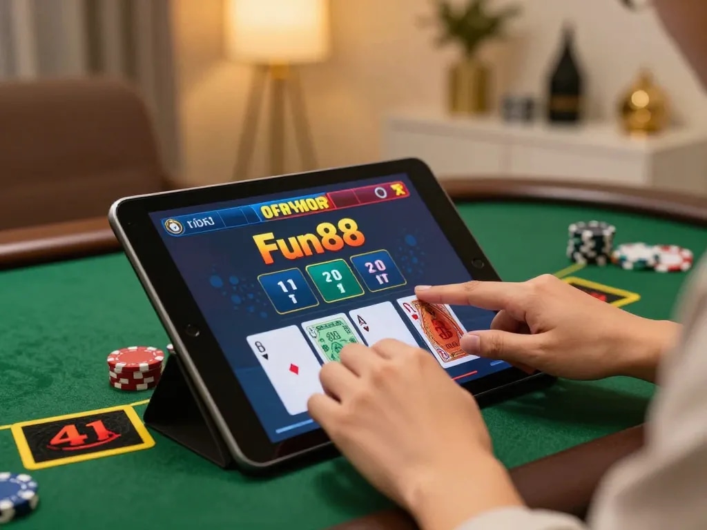 Player enjoying Fun88 live dealer blackjack on a tablet, vibrant home atmosphere with warm lighting.