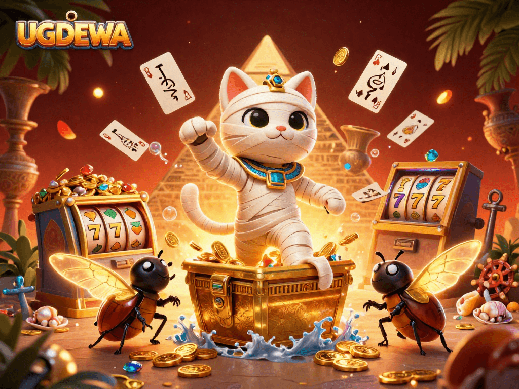 UGDEWA showcases a vibrant casino scene featuring an Egyptian mummy cat and treasures galore.