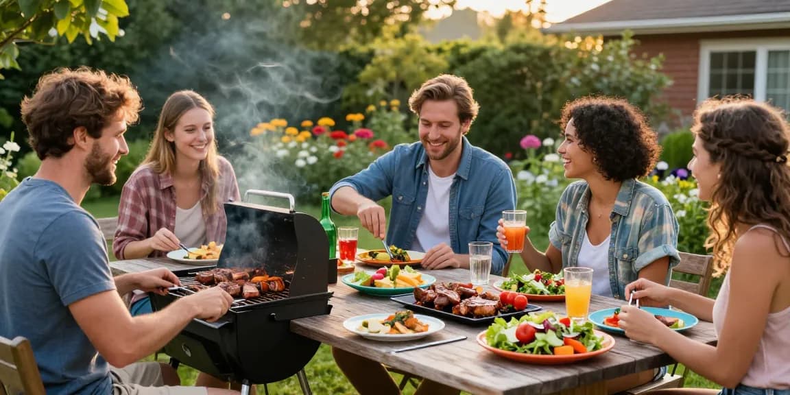 Suasana BBQ di halaman belakang dengan makanan dan orang-orang, BOS 88 di pesta.