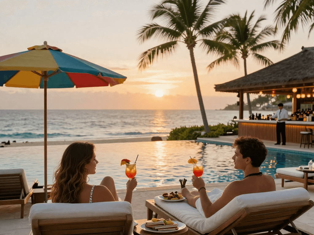 Pasangan menikmati LUXURY 111 di tepi kolam renang saat matahari terbenam, suasana tropis yang mewah.