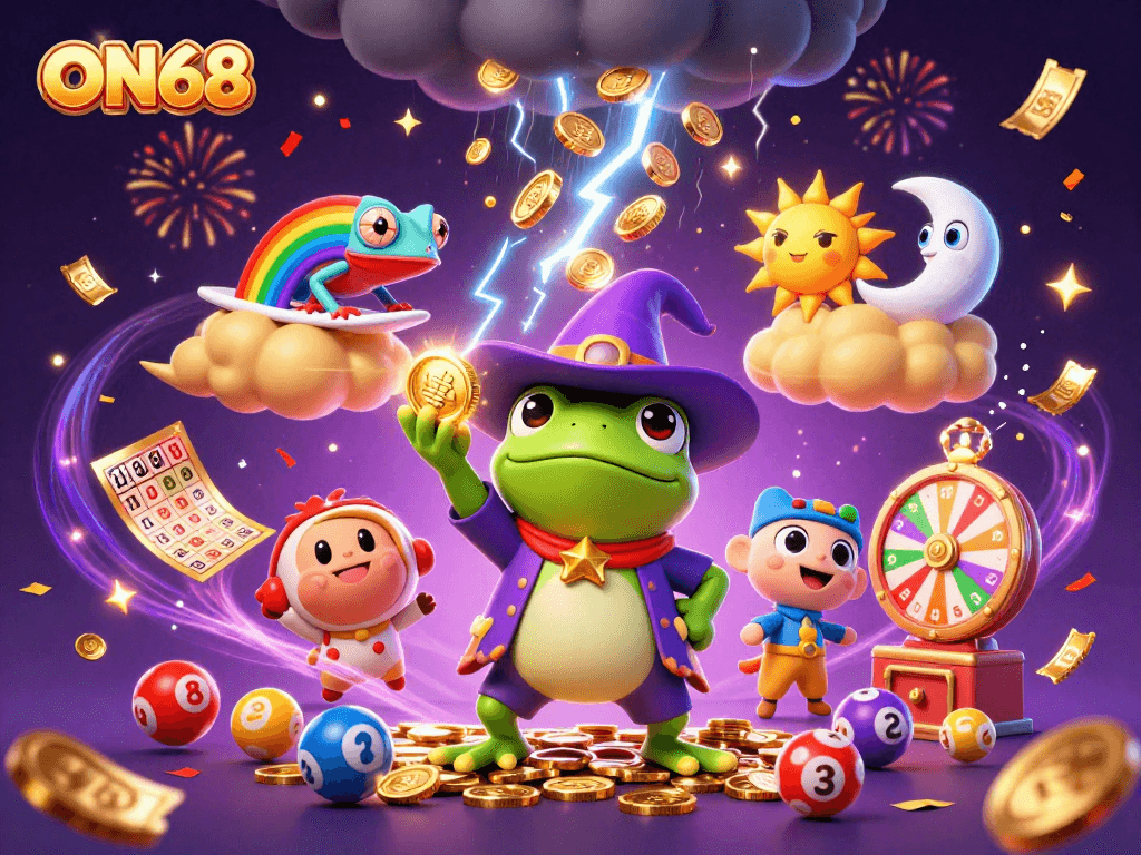 Experience the thrill of ON68 casino with vibrant golden coin storms and colorful dynamic lottery elements.
