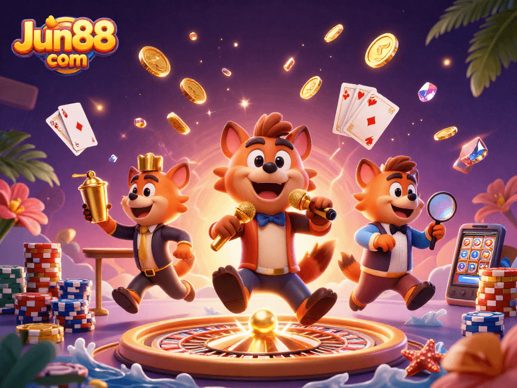 Experience excitement at Jun88 com with animated hyenas in a vibrant casino scene.