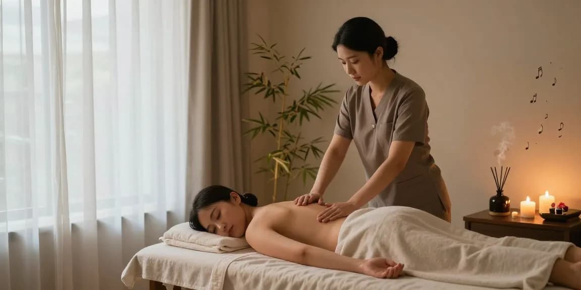Experience the soothing 화성출장마사지 in a serene spa atmosphere with candles and essential oils.