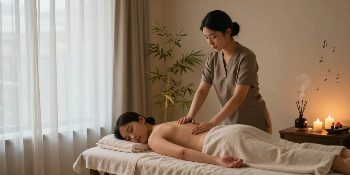 Experience the soothing 화성출장마사지 in a serene spa atmosphere with candles and essential oils.