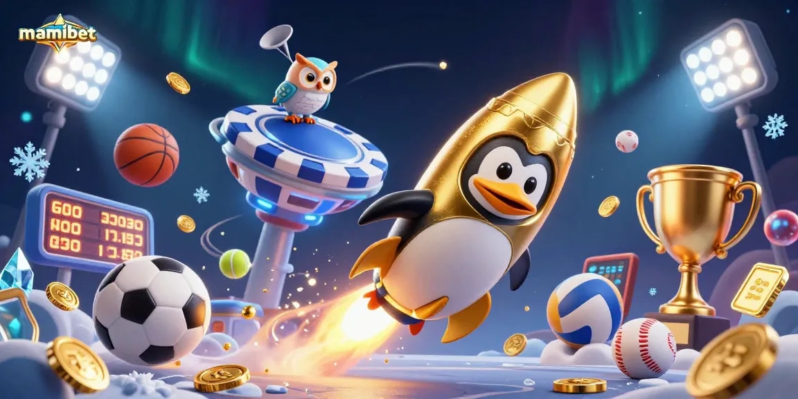 Experience thrilling gameplay at mamibet with a golden penguin flying to a poker chip-shaped casino.