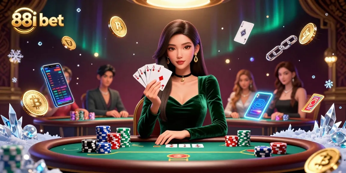 Win big at 88i bet with a glamorous poker scene featuring strategic gameplay and vibrant digital elements.