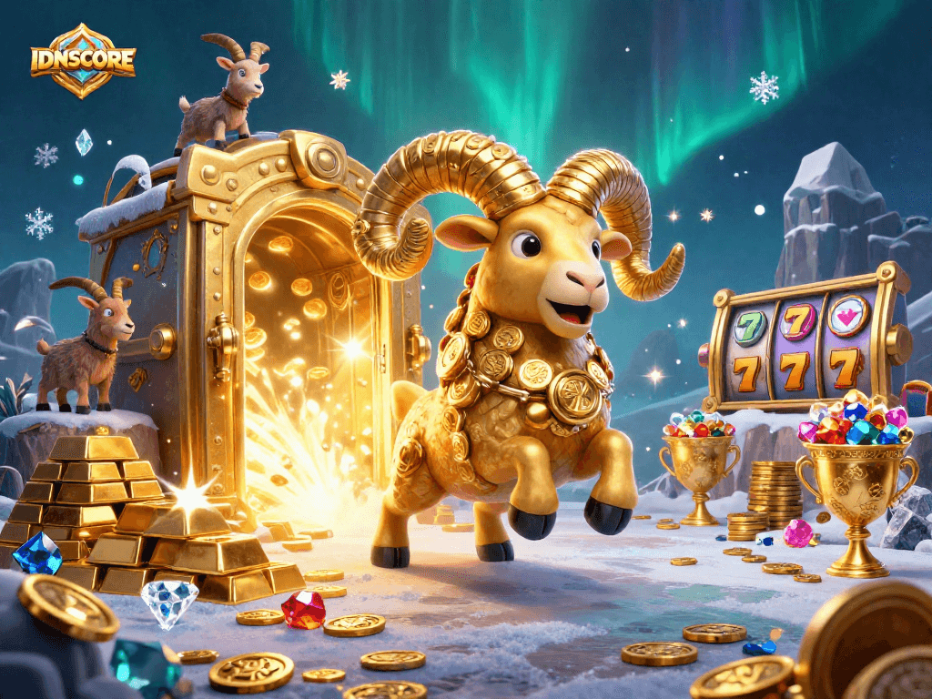 Experience the thrilling IDNSCORE slots with a golden ram amidst shimmering treasures.