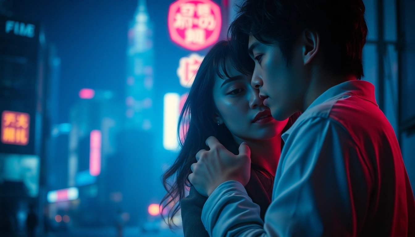 Menampilkan karakter utama film semi jepang dalam momen dramatis di latar belakang kota yang diterangi lampu neon.