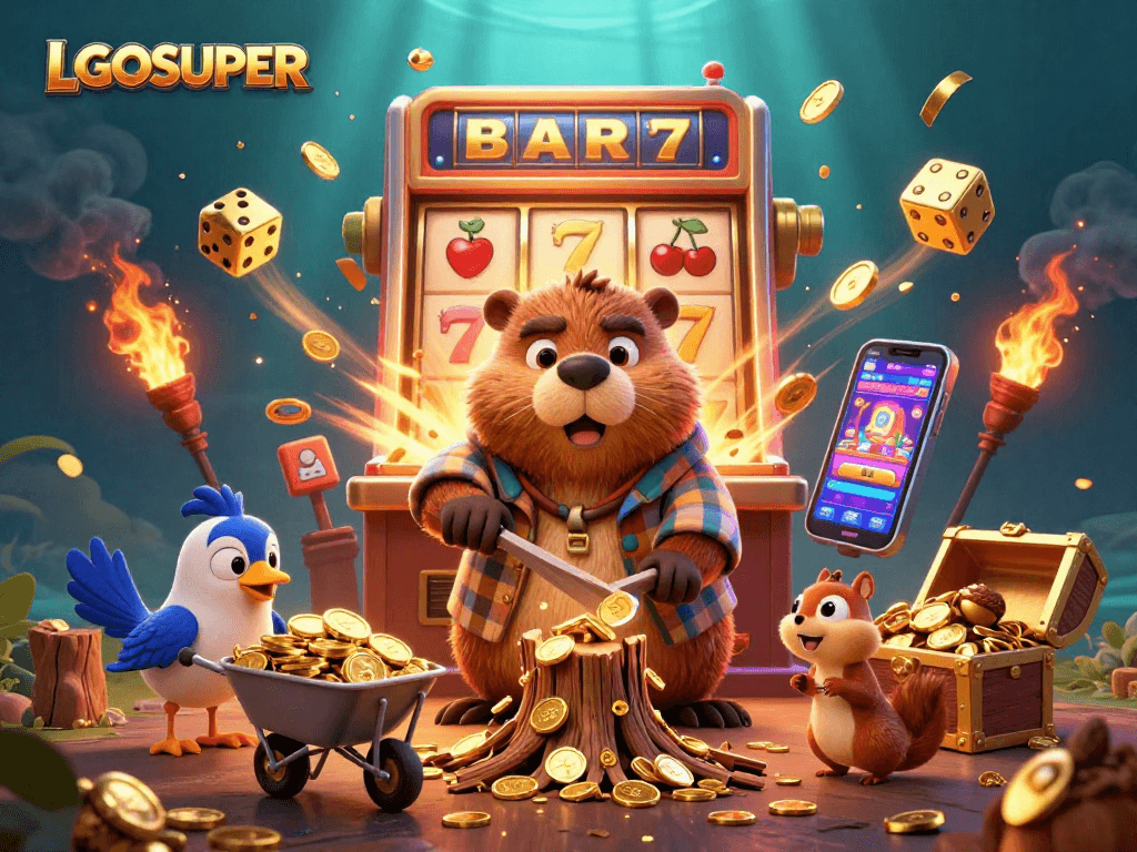 Engage with LGOSUPER's thrilling gaming experience featuring vibrant slot machines and characters collecting coins.