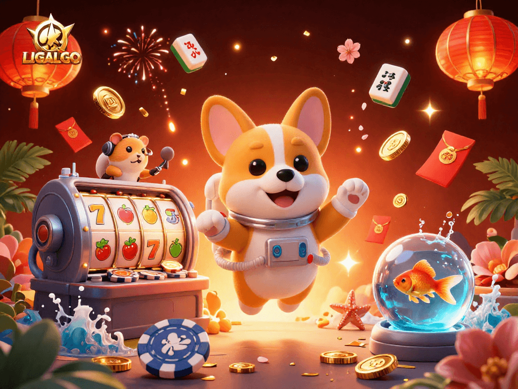 LIGALGO casino adventure featuring a floating corgi astronaut amid slot reels and vibrant gaming elements
