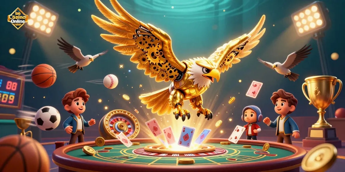Experience thrilling action with Live Casino Online, featuring a cybernetic eagle surrounded by gaming elements.