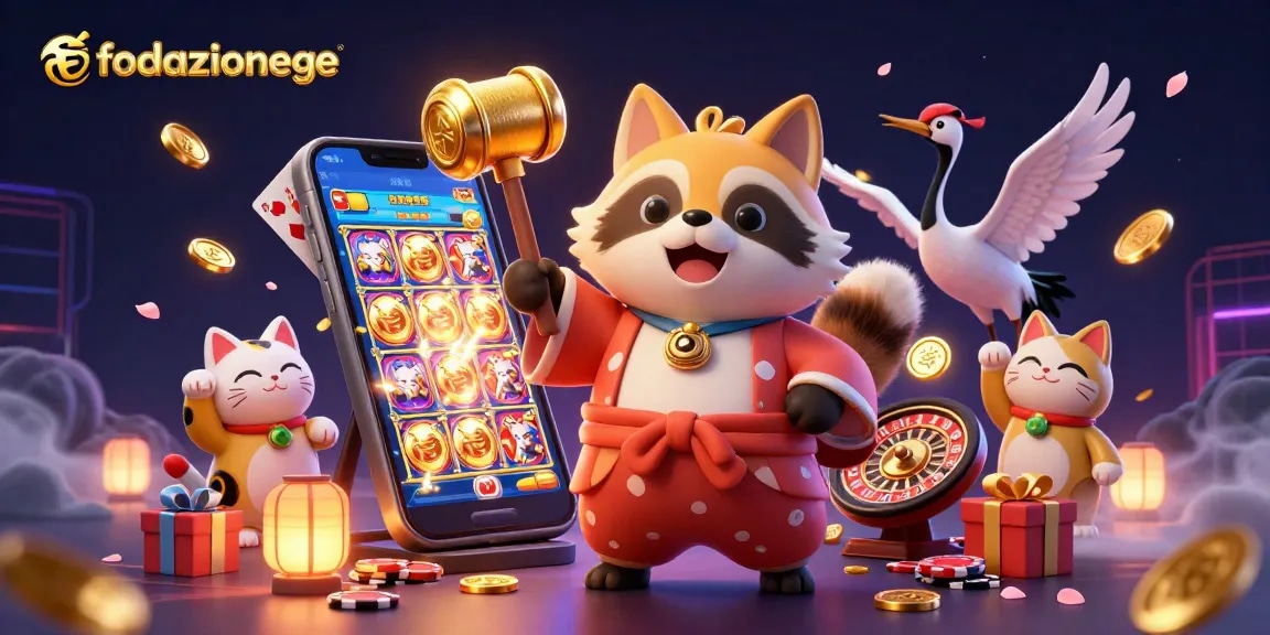 Experience thrilling gaming with fondazionege's vibrant illustration of a cheerful tanuki and lucky symbols.