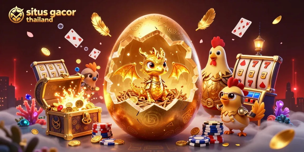 Situs gacor thailand showcases a vibrant 3D cartoon scene with golden dragon and slot elements celebrating big wins.