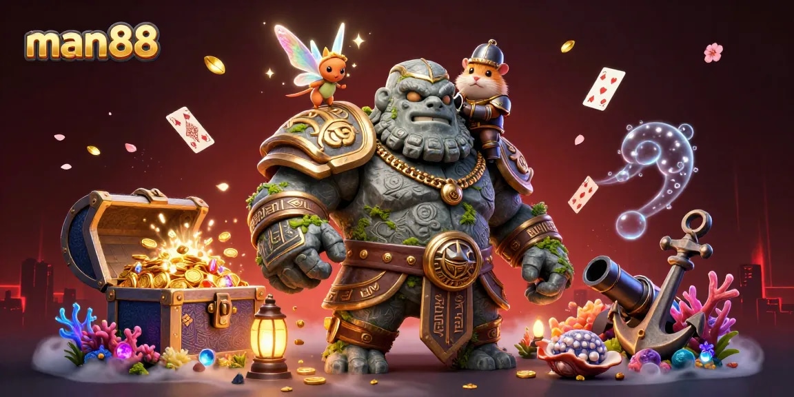 Experience man88's thrilling adventure with golem guardian and fairy magic at the vibrant online casino.