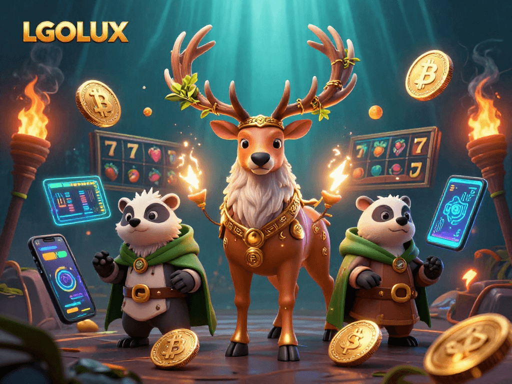 Engage in thrilling crypto gameplay at LGOLUX with vibrant 3D characters and dynamic slot elements.