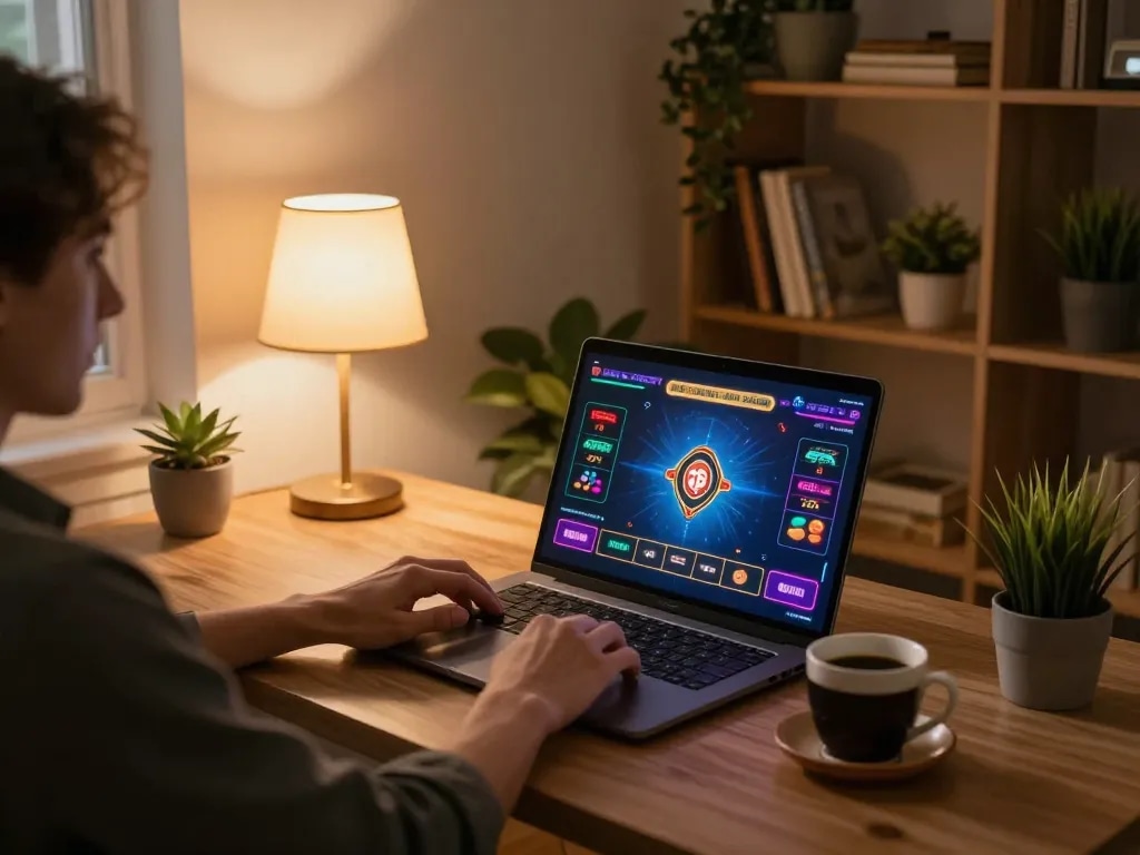 Nego77 player engaging in online casino gaming on a laptop in a cozy home office.