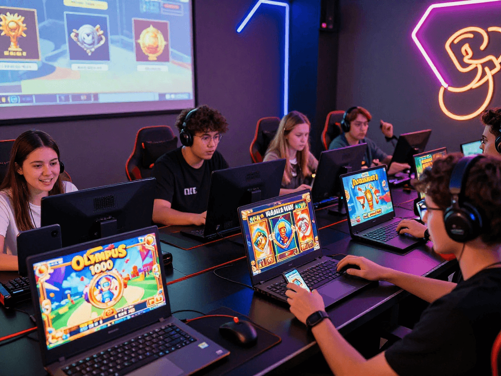 Players engaging with situs slot games on various devices in a vibrant gaming lounge