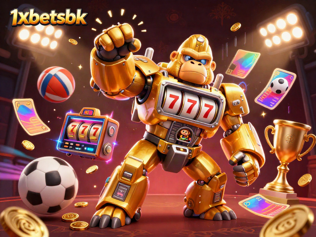 Experience thrilling game action with 1xbetsbk's animated gorilla mech and sports elements.
