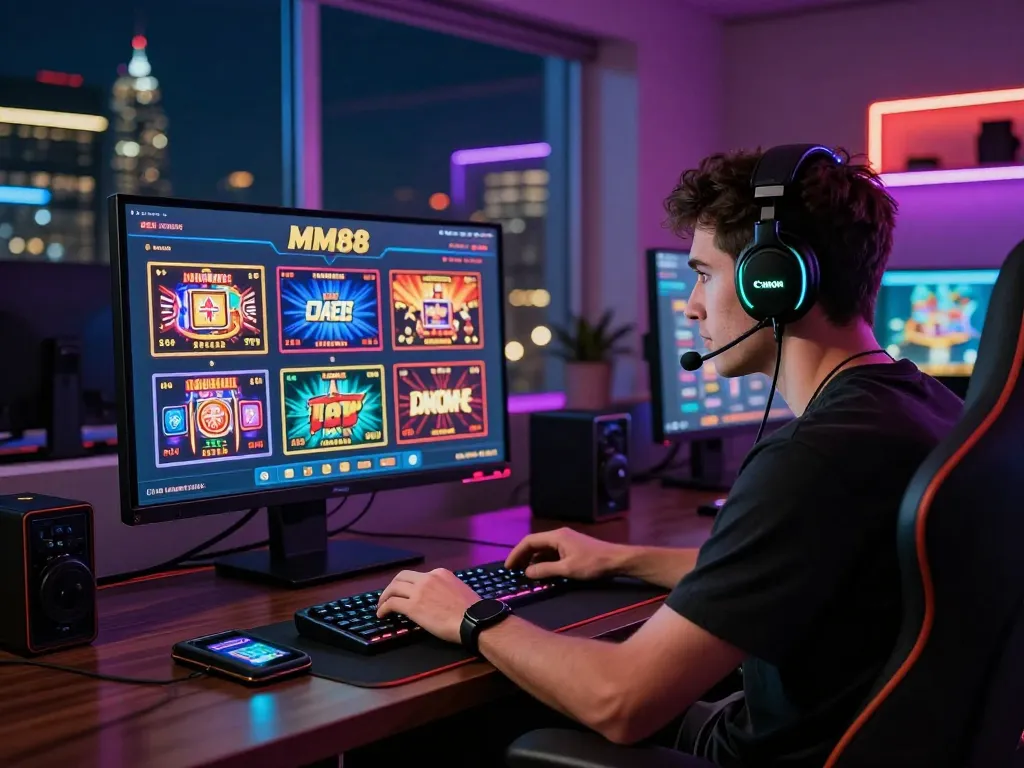 Player engaged in online gambling at MM88 platform with live dealer games in a stylish room.