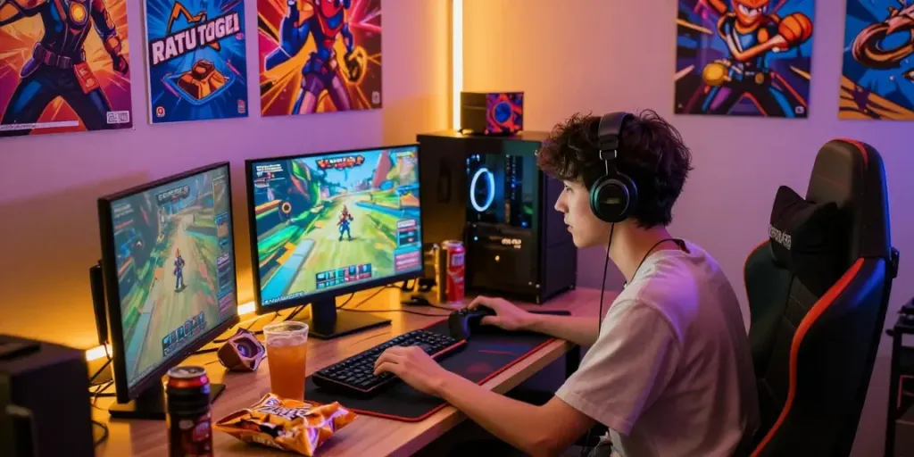 Pengalaman bermain Ratu Togel dengan suasana gaming yang ceria, pemain menikmati permainan di komputer.