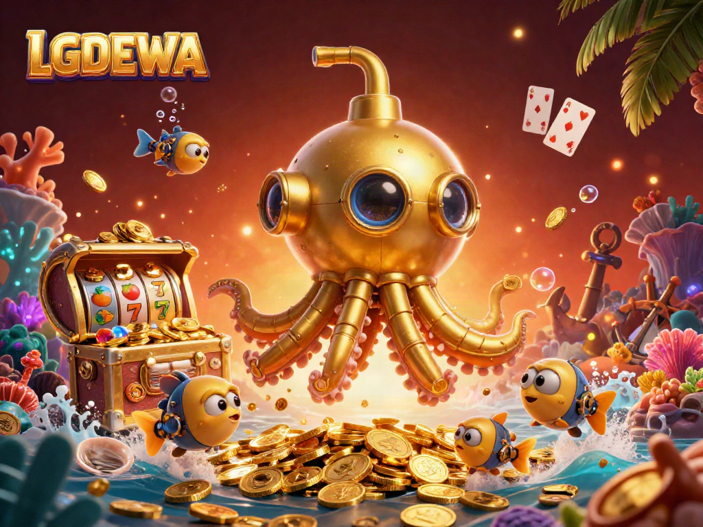 Engage in thrilling gaming experiences with LGODEWA’s vibrant 3D casino scene featuring a golden kraken.