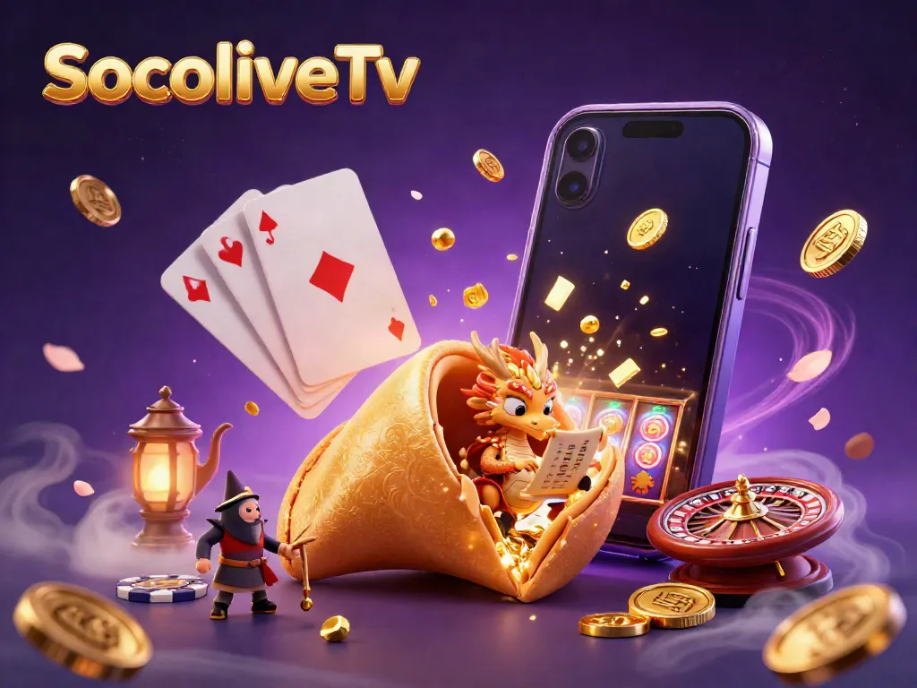 SocoliveTv unveils a vibrant 3D illustration of a golden fortune cookie scene filled with slot gaming excitement.