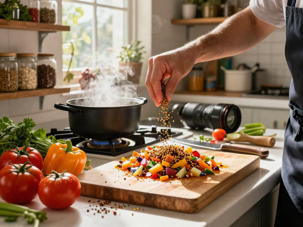 Persiapan masakan dengan biji annatto di dapur yang cerah, chef menambahkan warna alami ke dalam saus.