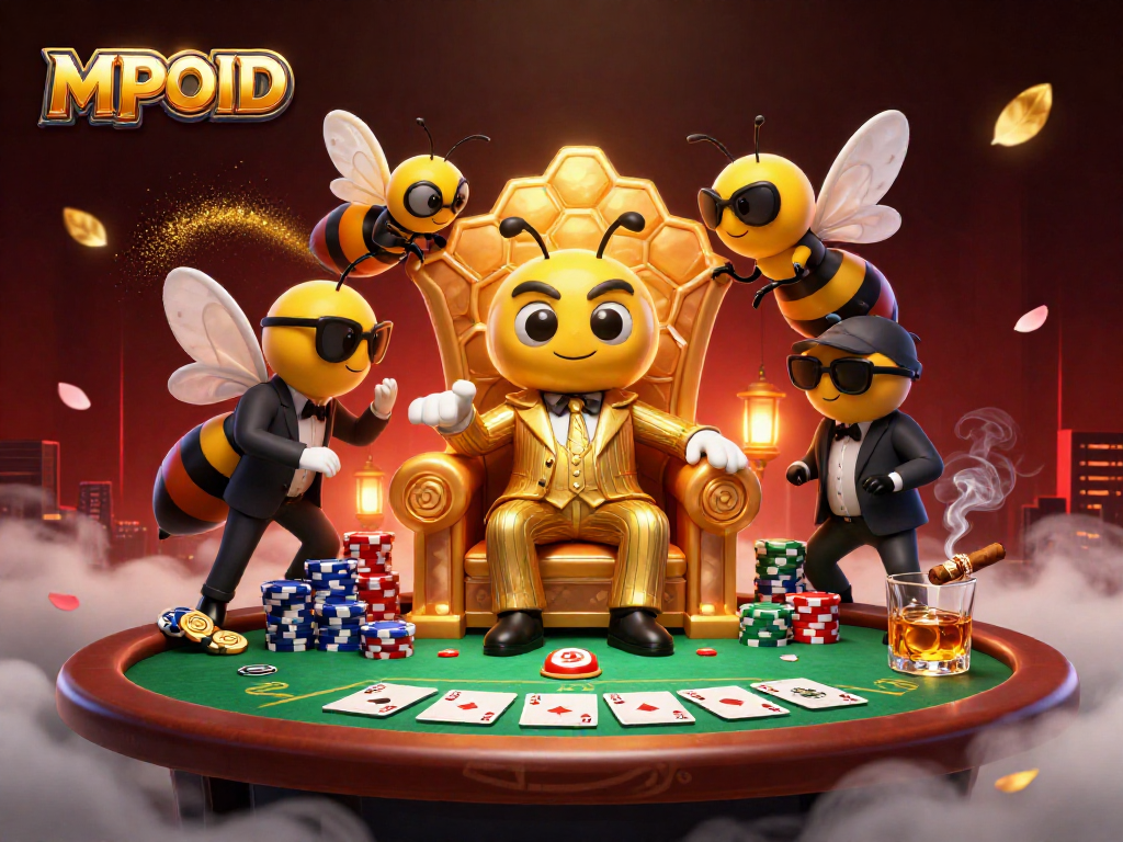 MPOID showcases a vibrant scene with a cartoon bumblebee mob boss surrounded by poker elements in a casino