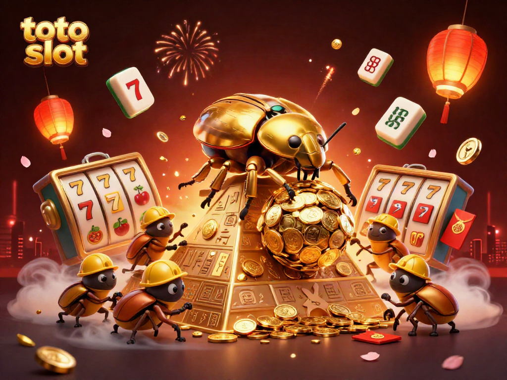 Menghasilkan kemenangan besar di toto slot sambil melihat kumbang emas dan simbol kasino yang bersinar.
