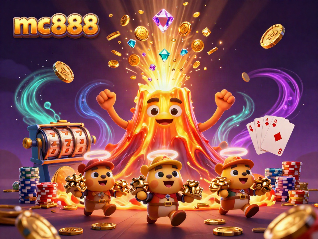 Mainkan mc888 dengan slot yang menguntungkan dan harta karun berkilauan dalam ilustrasi yang meriah.