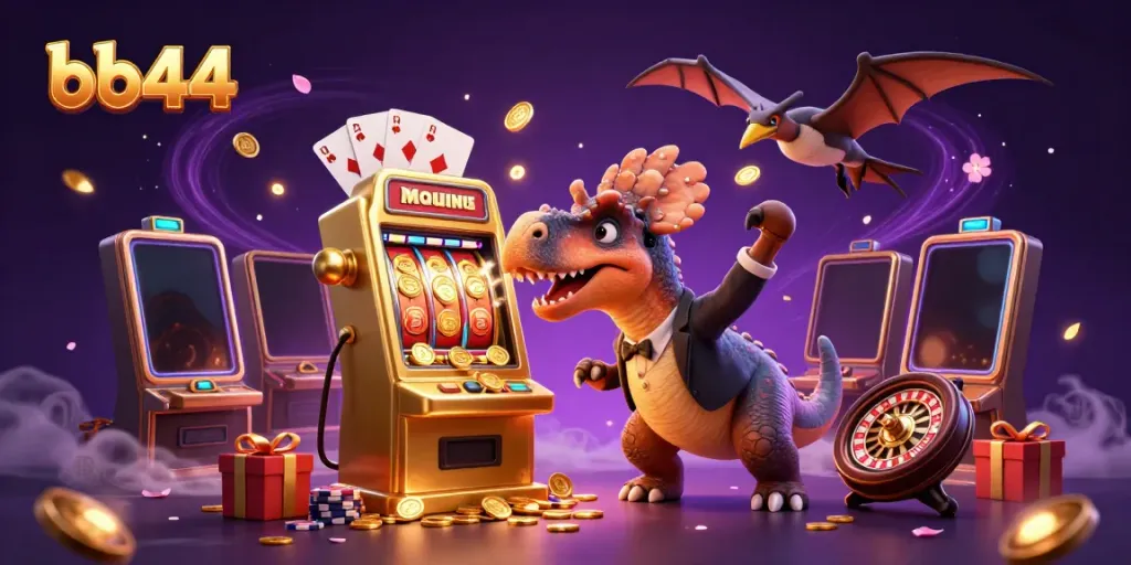 bb44 casino scene with a pachycephalosaurus hitting a slot machine for jackpot coins