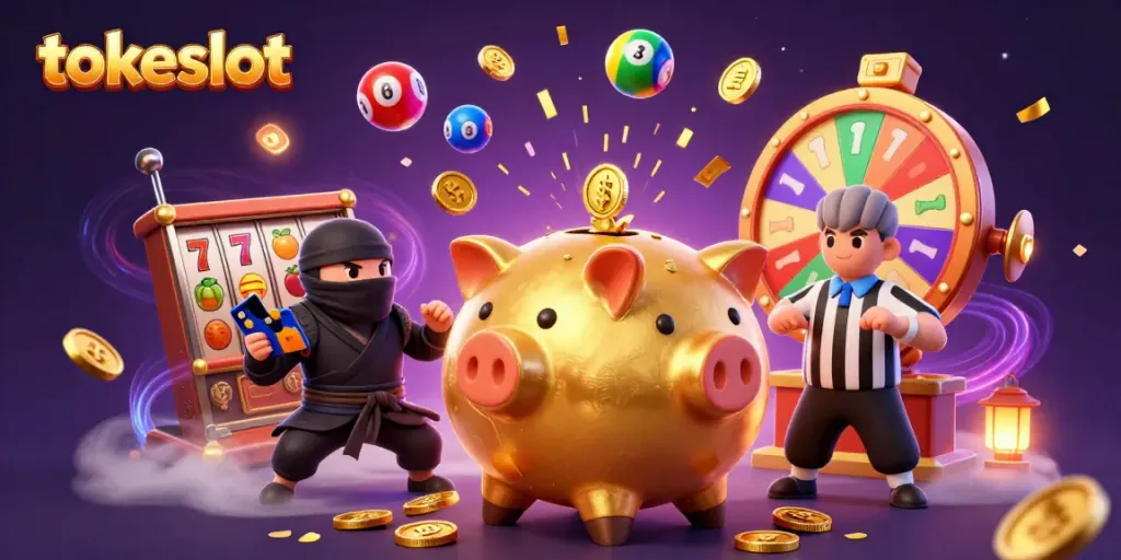 Experience excitement with tokeslot's vibrant 3D casino illustration showcasing a dynamic coin-stomp action.