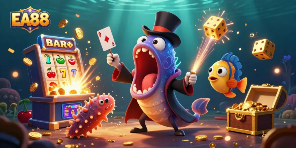 EA88 immersive casino experience showcasing a magical underwater gambling scene with colorful game elements.