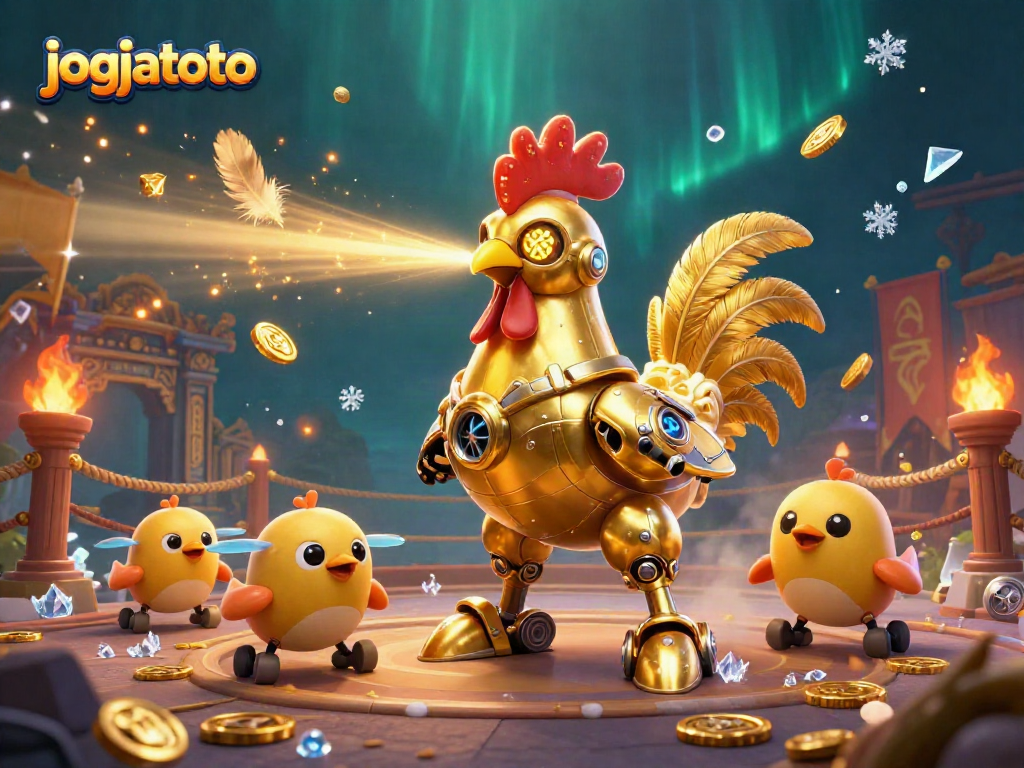 Engage with jogjatoto through a vibrant 3D casino scene showcasing a golden rooster robot amid swirling golden elements.