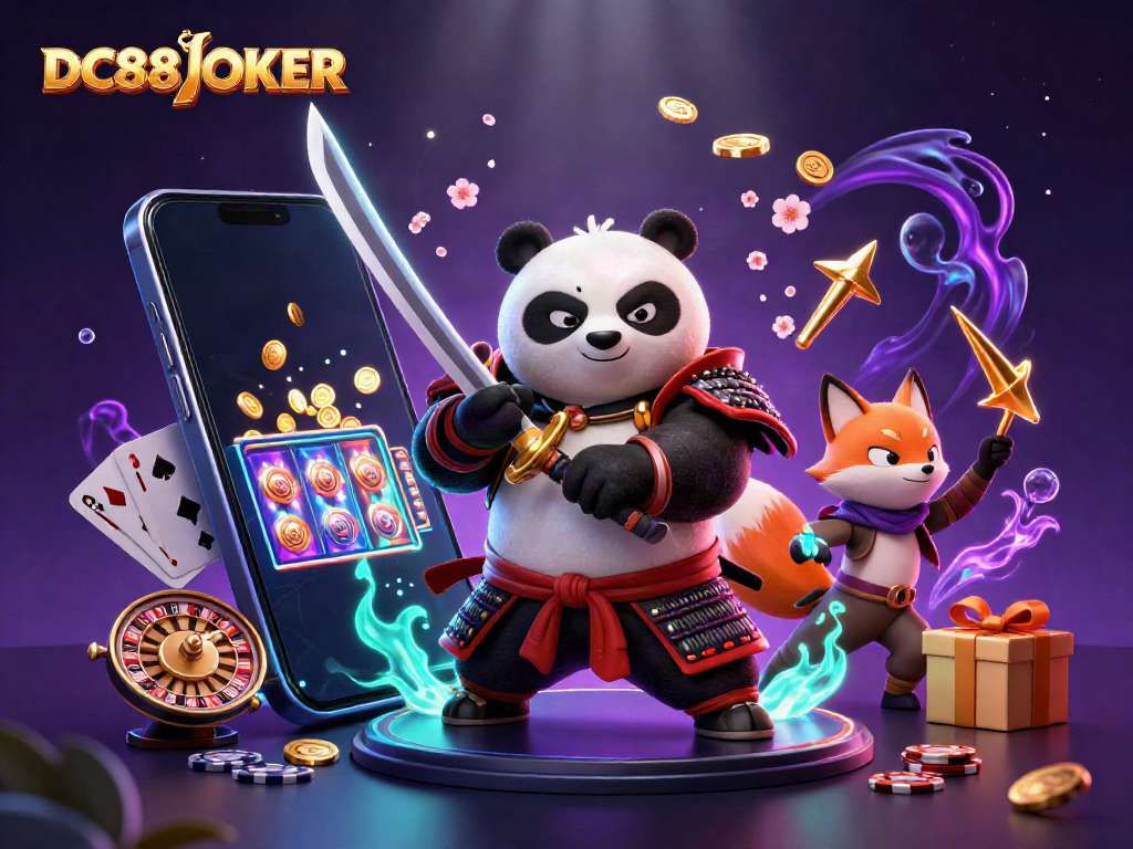 Experience winning at DC88JOKER with a vibrant 3D illustration of a samurai panda, ninja fox, and spirit tanuki.