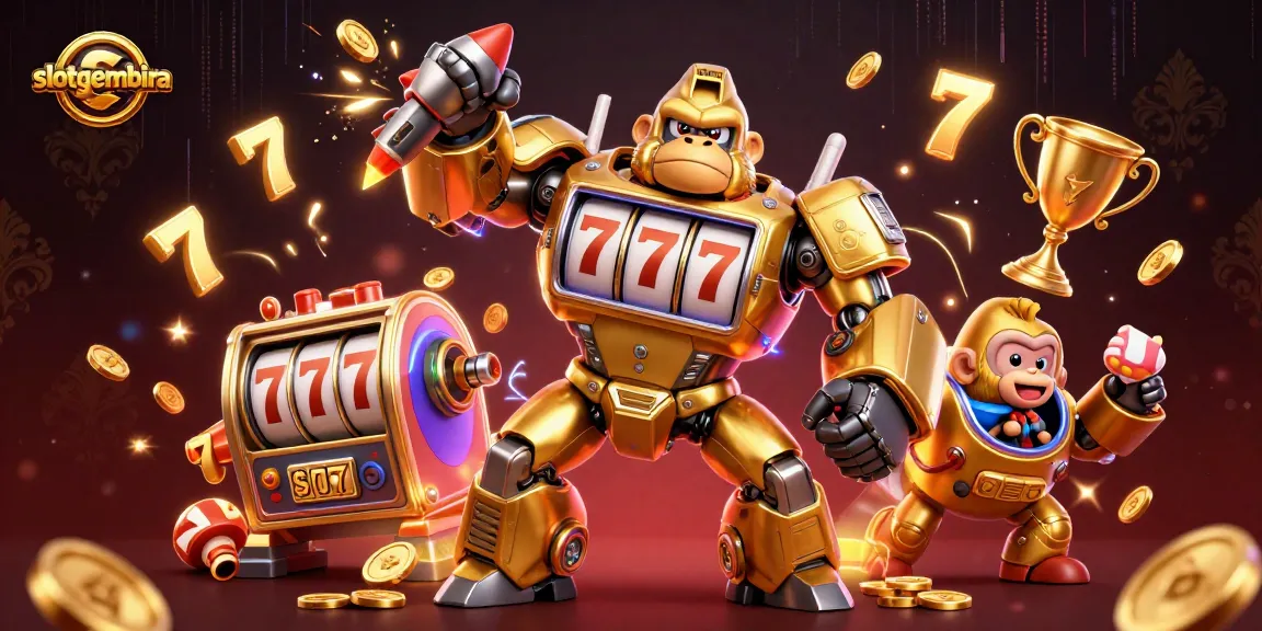 Menangkan jackpot di slotgembira dengan gorilla mec slot yang beraksi, dikelilingi koin emas.