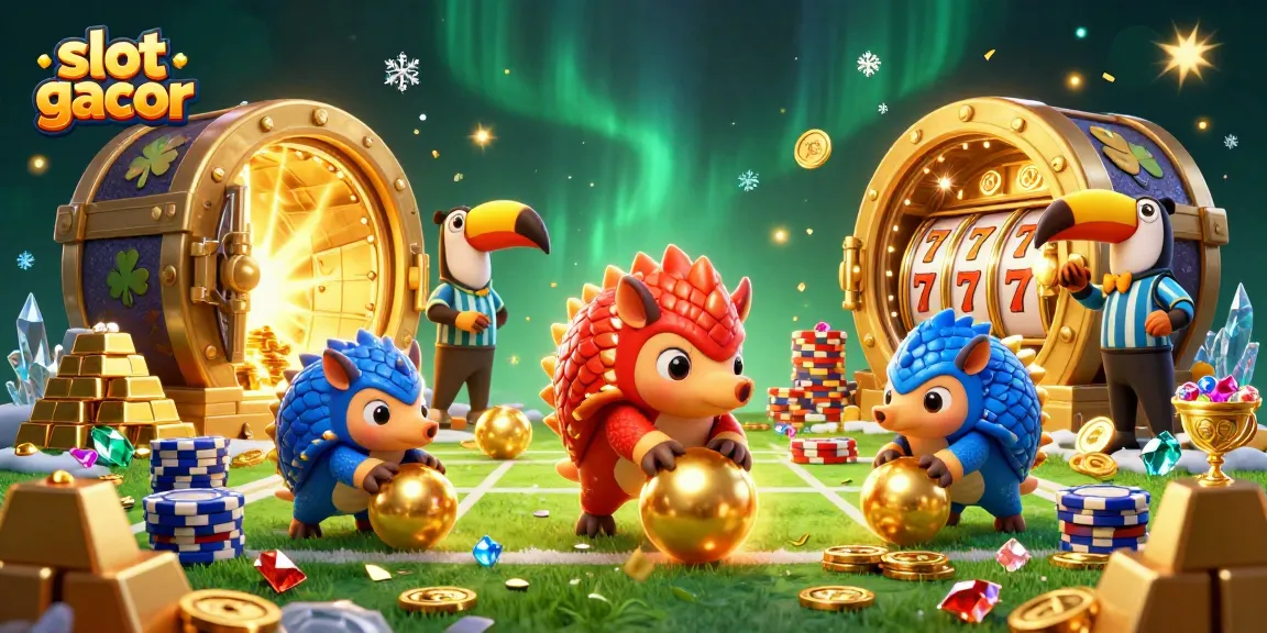 Engage with slot gacor action as rival pangolins bowl through poker chips in a vibrant casino scene.