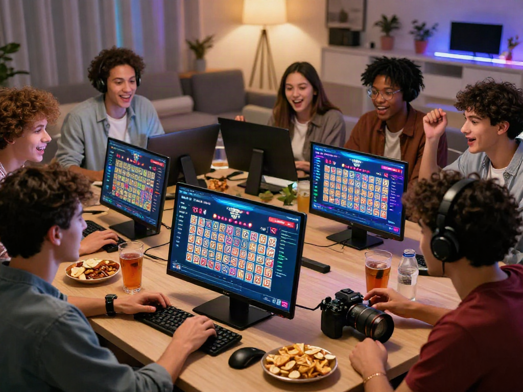 Suasana ramai permainan togel online dengan kelompok pemuda menonton hasil undian di layar besar sambil bersenang-senang.
