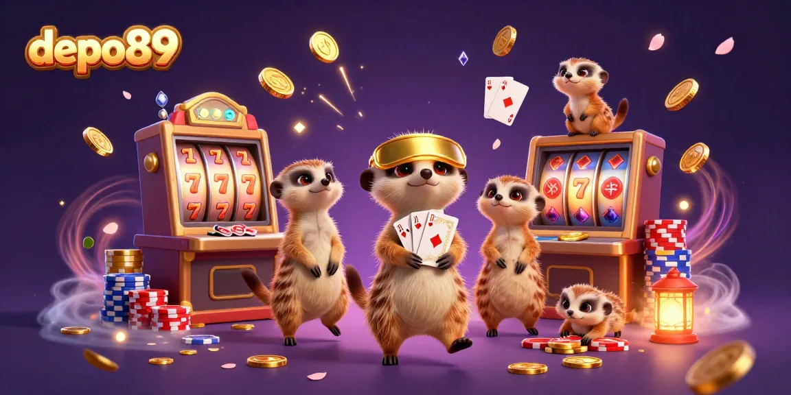Experience the excitement of gambling with depo89 as meerkats run a lively casino filled with slot reels and vibrant chips.